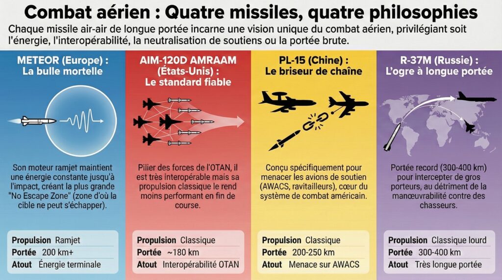 Infographie METEOR vs AMRAAM vs PL-15 vs R-37M.
