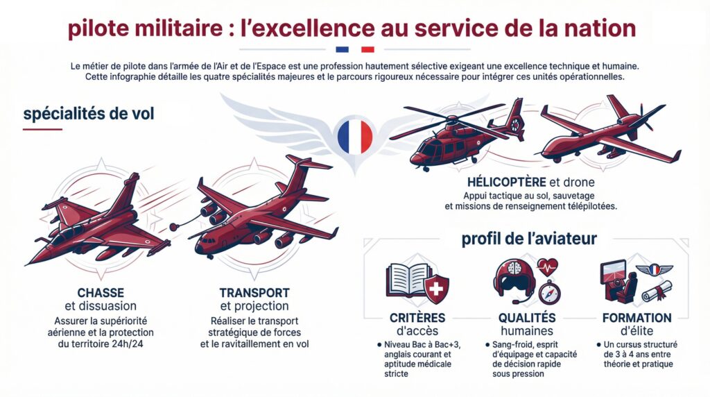 Pilote militaire : missions, formation et carrière dans l’armée de l’Air - infographie