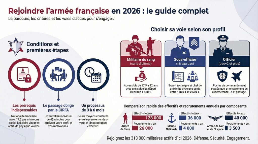 Infographie du recrutement de l’armée française en 2026 avec conditions, filières et parcours