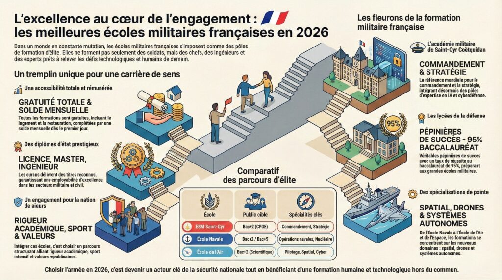 Infographie comparant les principales écoles militaires françaises, leurs durées et spécialités