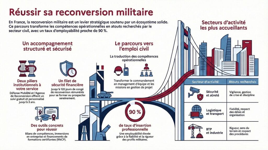 Reconversion des militaires en France : dispositifs, métiers et aides en 2026 - infographie