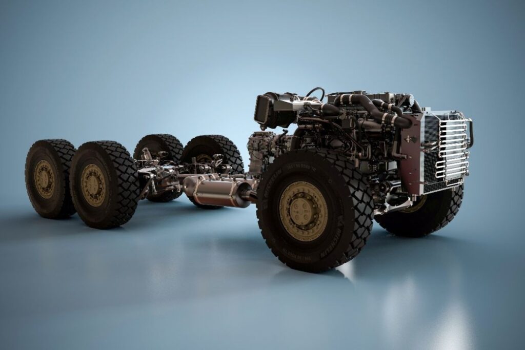 Le véhicule CELERIS 6×6 se distingue par sa modularité, avec une architecture pensée pour s’adapter à des missions très variées.Il est proposé avec un ensemble de kits de base et d’options, permettant d’ajuster finement ses performances et sa configuration selon les besoins opérationnels.
Parmi ces options, on retrouve notamment des suspensions à bras tirés ou à doubles triangles, ces dernières offrant la possibilité d’intégrer un train arrière directeur, améliorant ainsi la maniabilité et la mobilité du véhicule en terrain contraint.