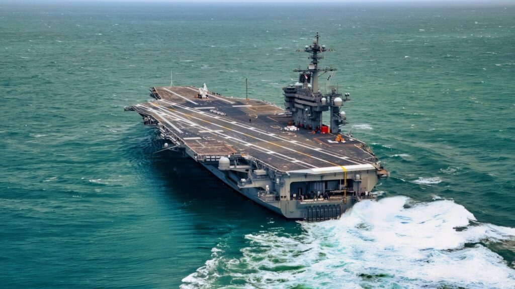Le porte-avions de classe Nimitz USS George Washington (CVN 73) traverse l'océan Atlantique le 25 mai 2023.