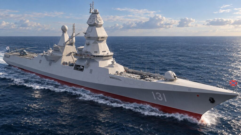 La classe Lider devait théoriquement donner naissance à une nouvelle génération de grands destroyers russes à propulsion nucléaire, déplaçant environ 19 000 tonnes – Représentation d’artiste réalisée à l’aide de Dall-E et de Canva (crédit : Forum-Militaire.fr)