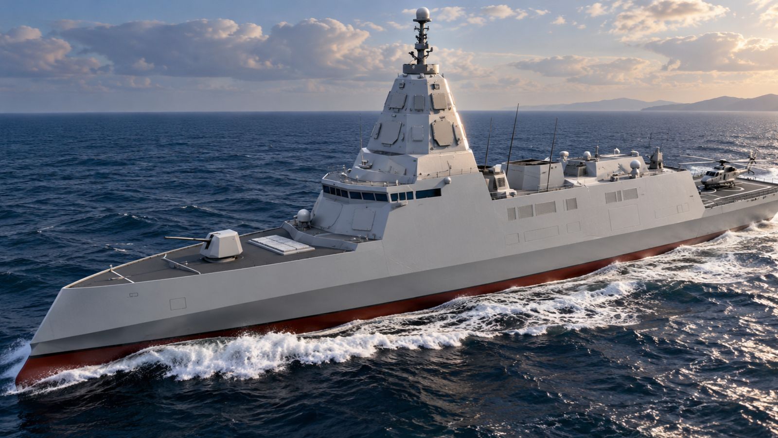 Représentation 3D du destroyer KDDX réalisé à l'aide de photos de maquettes, de Dall-E et de Canva - crédit : Forum-Militaire.fr