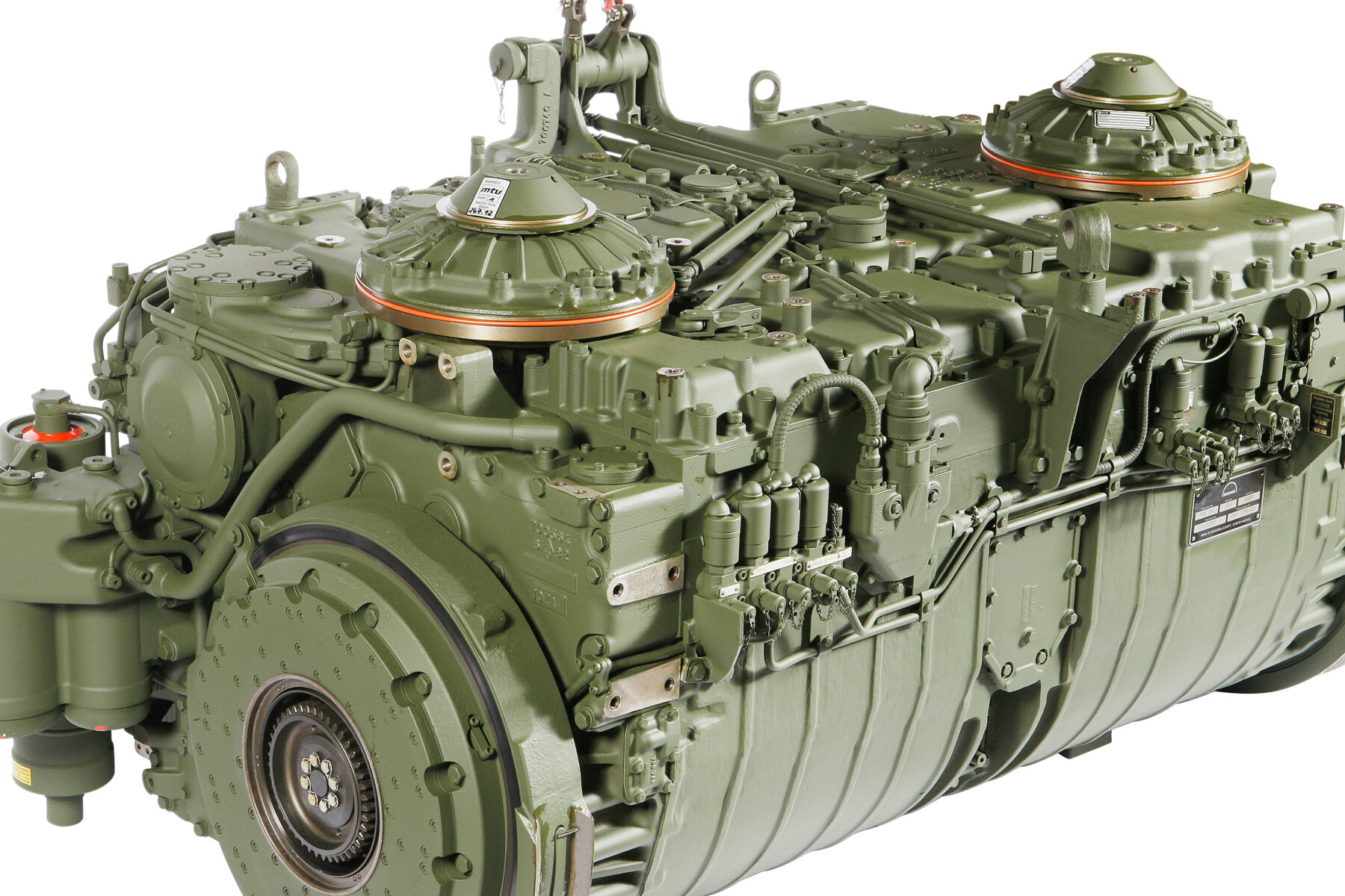 Transmission hydromécanique RENK HSWL 354 du char Leopard 2, vue d'ensemble du carter et des organes d'entraînement