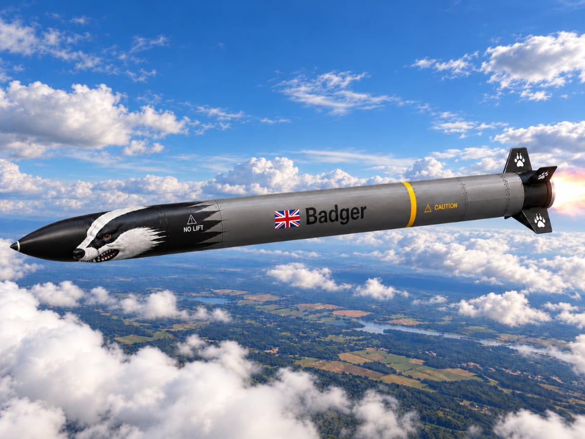 Vue d’artiste de la roquette Badger Mk1 en vol, une tête de blaireau peinte sur l’ogive