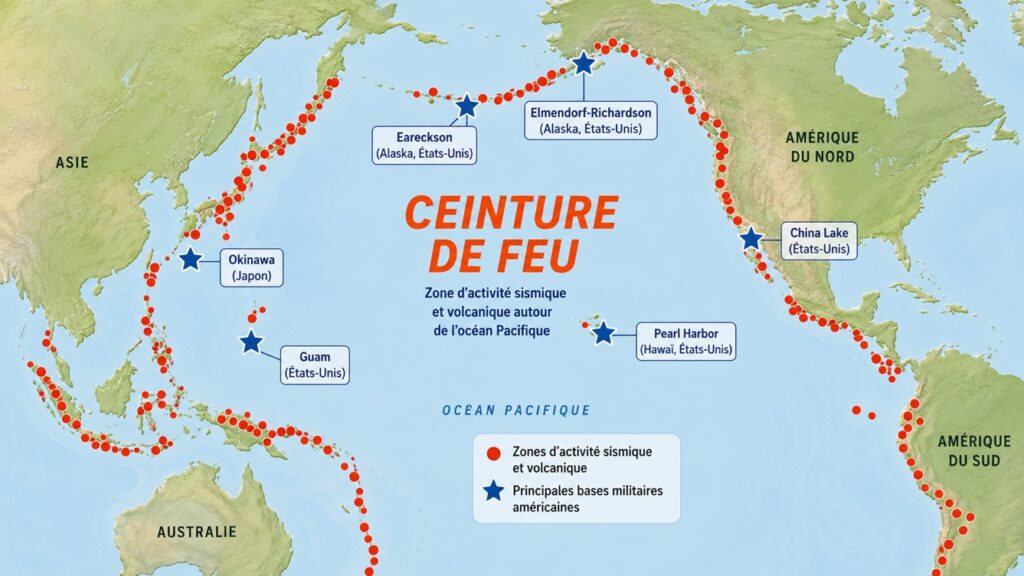 La « ceinture de feu » et les principales bases américaines du Pacifique.