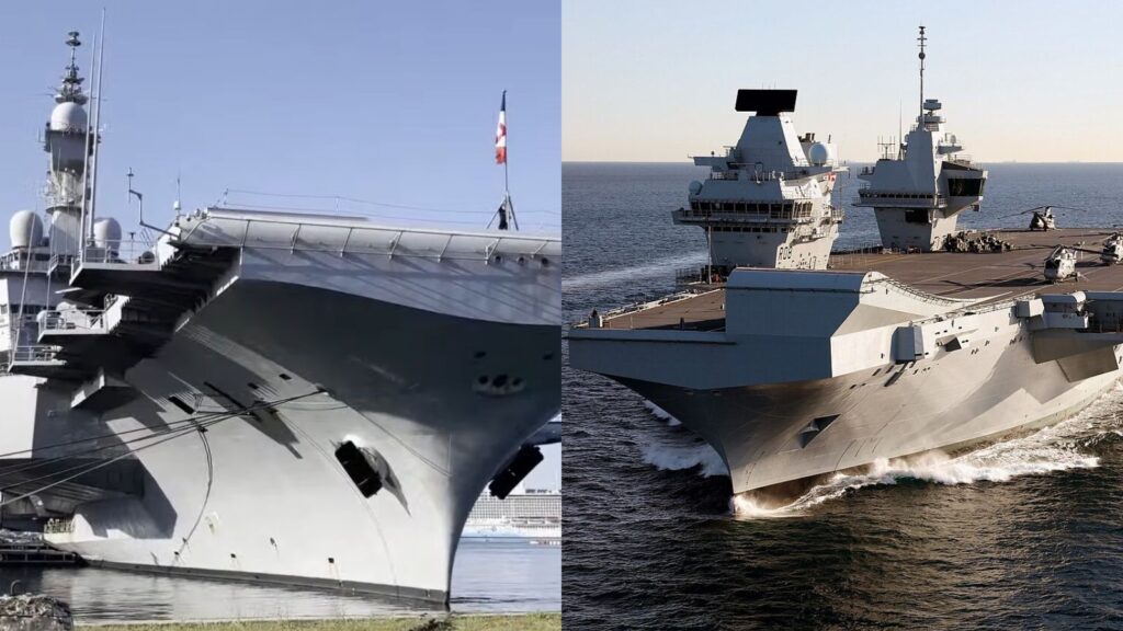 Le Charles de Gaulle à gauche / le HMS Queen Elizabeth à droite